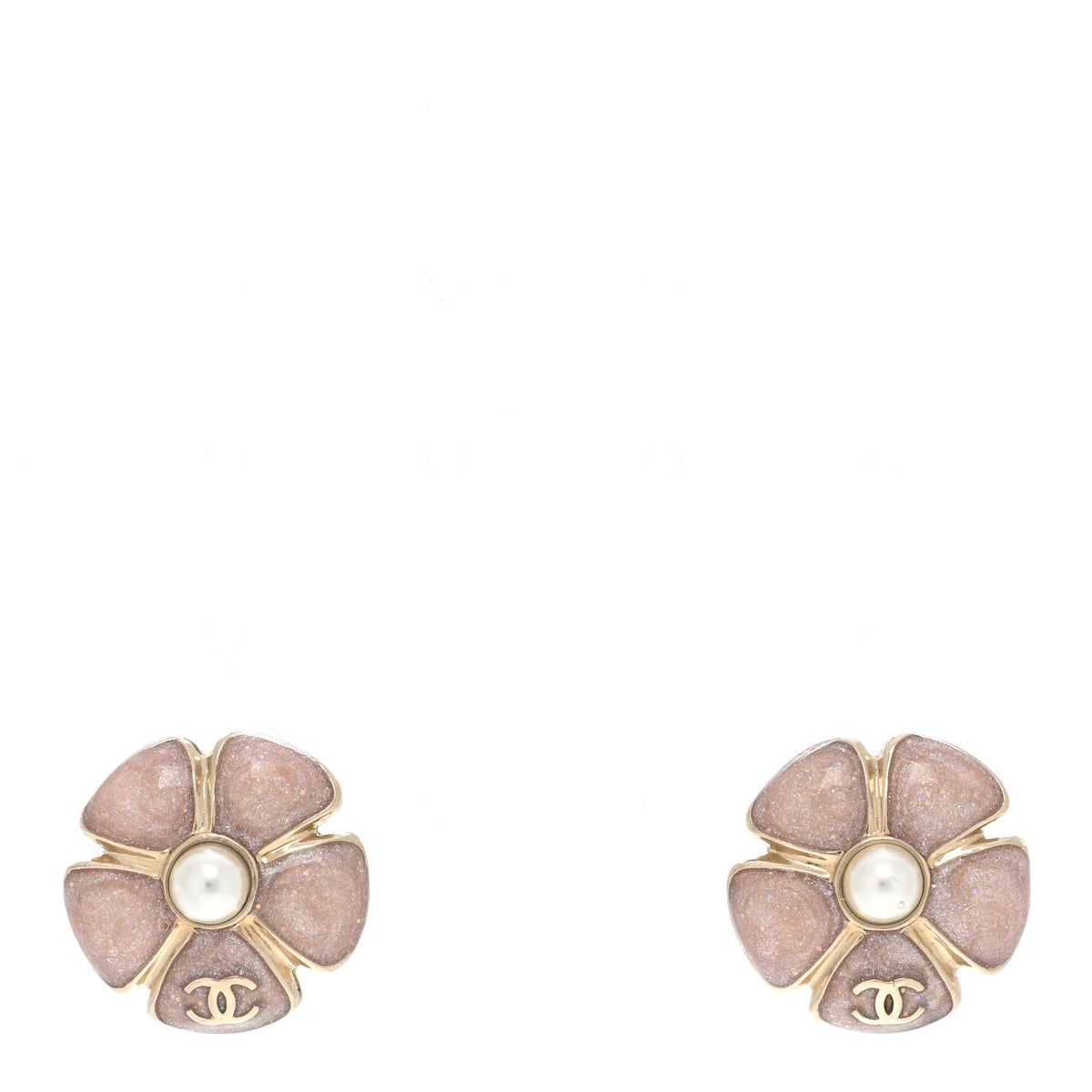 Chanel Glitter Enamel Pearl Flower CC Earrings Pink Gold 1 of 5