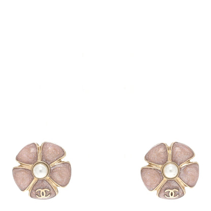 Chanel Glitter Enamel Pearl Flower CC Earrings Pink Gold 1 of 5