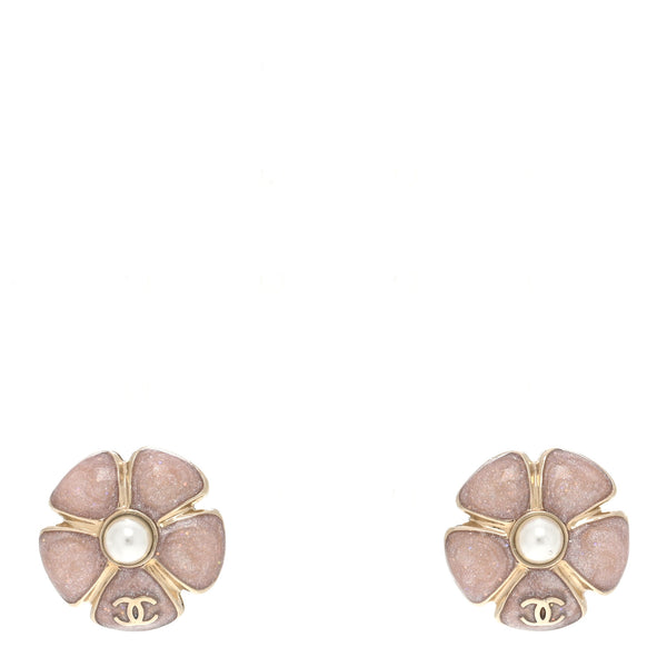 Chanel Glitter Enamel Pearl Flower CC Earrings Pink Gold 1972699