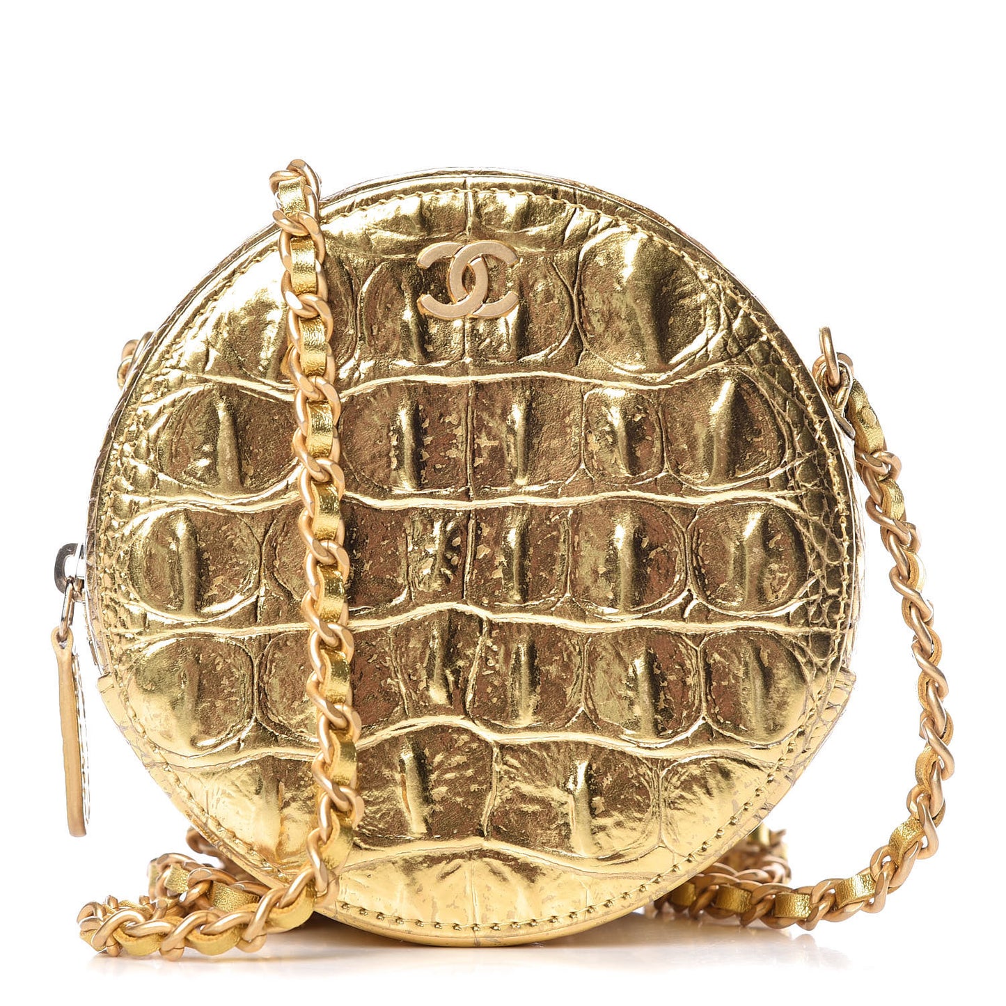 Metallic Calfskin Crocodile Embossed Cocodile Round Clutch with Chain Gold
