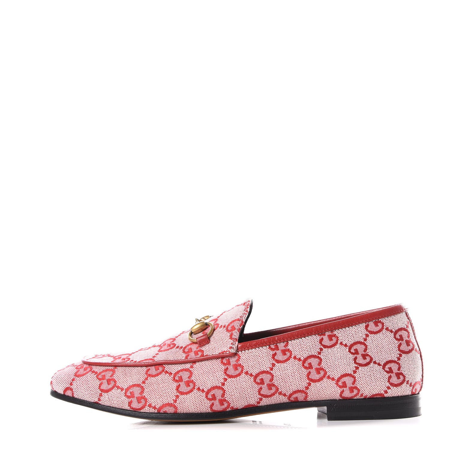 Gucci Canvas GG Monogram Horsebit Womens Jordaan Loafers 37.5 Gardenia Hibiscus Red 1 of 9