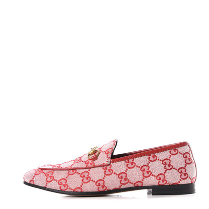 Gucci Canvas GG Monogram Horsebit Womens Jordaan Loafers 37.5 Gardenia Hibiscus Red 1 of 9