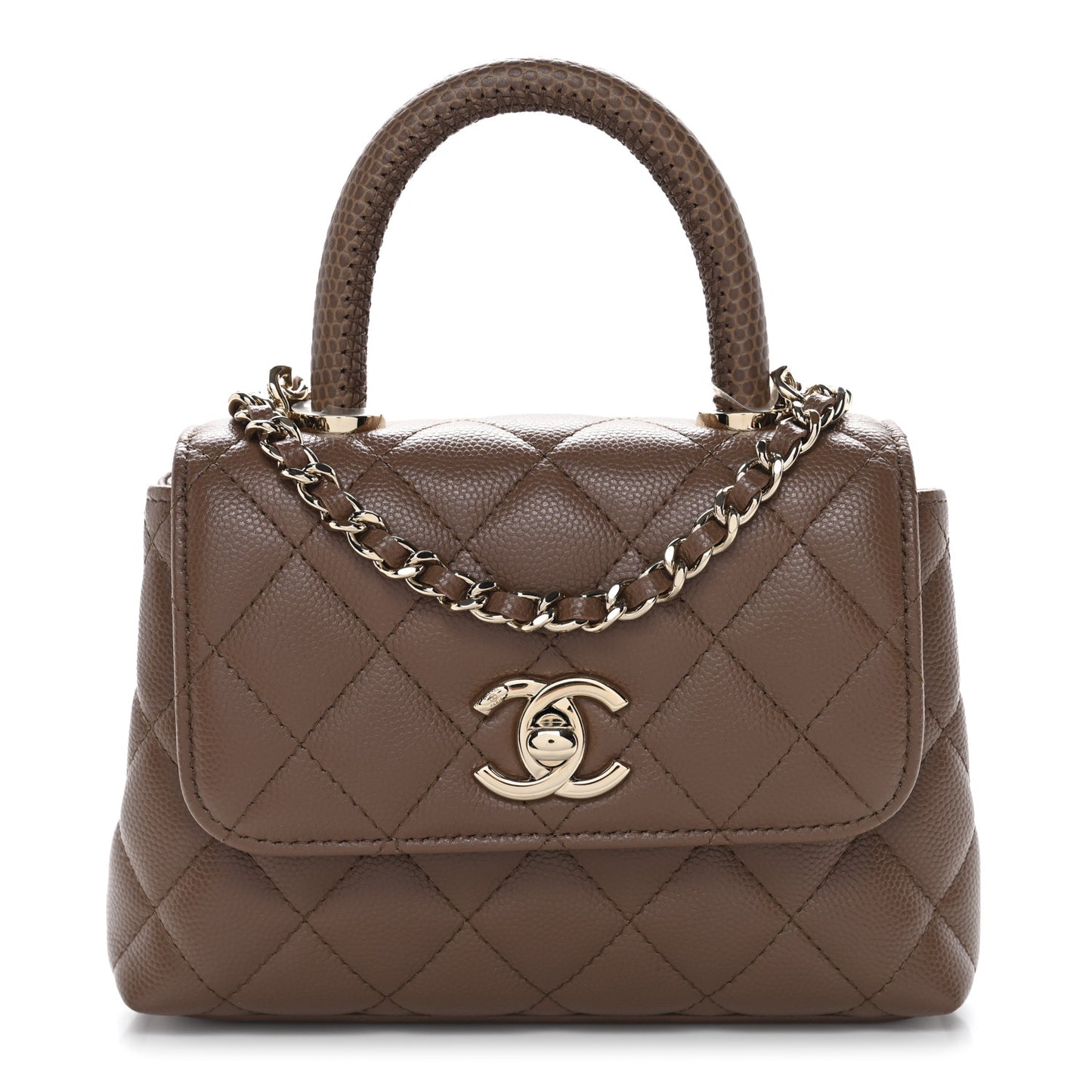 Caviar Lizard Embossed Quilted Coco Handle Clutch With Chain Brown