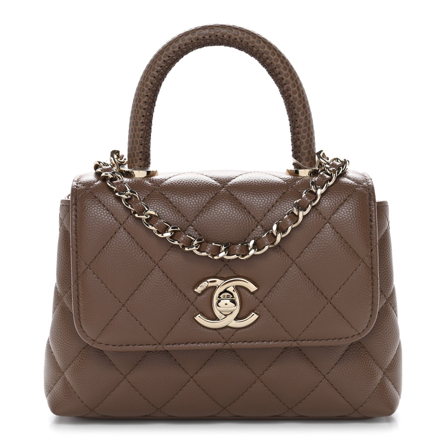 Chanel Caviar Lizard Embossed Quilted Coco Handle Clutch With Chain Brown 1 of 11