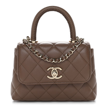 Chanel Caviar Lizard Embossed Quilted Coco Handle Clutch With Chain Brown 1 of 11