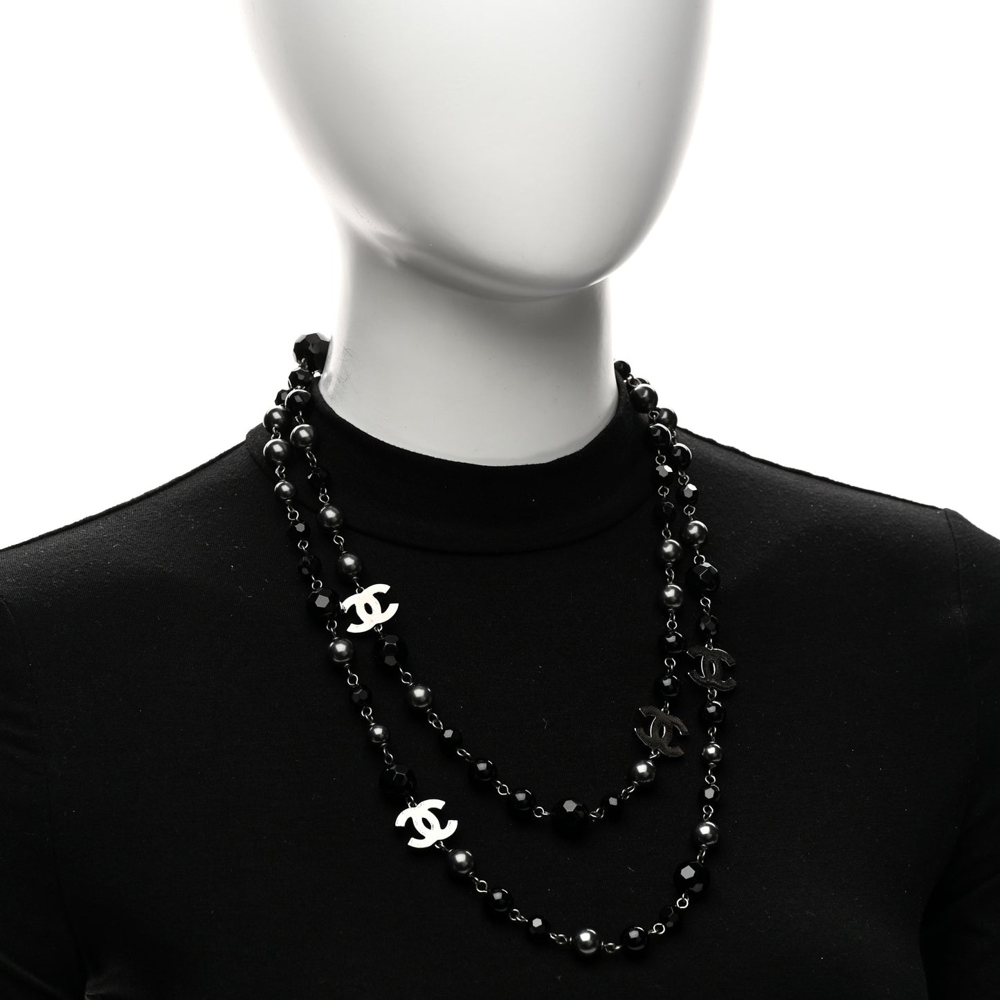 Ruthenium Pearl Beaded CC Long Necklace Black