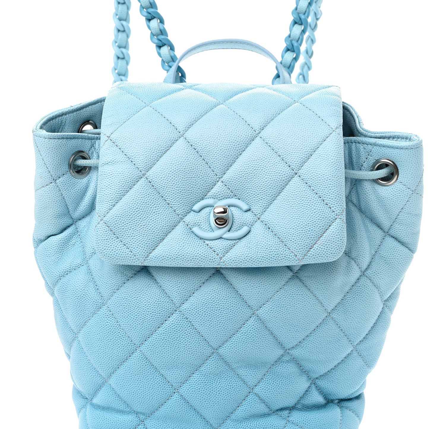 Shaded Caviar Quilted Lacquered CC My Everything Drawstring Backpack Blue Light Blue