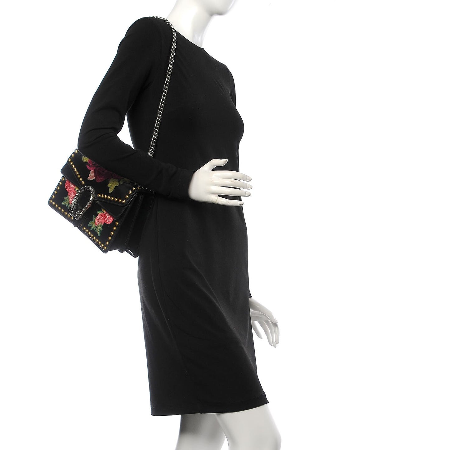 Calfskin Floral Embroidered Studded Small Dionysus Shoulder Bag Black