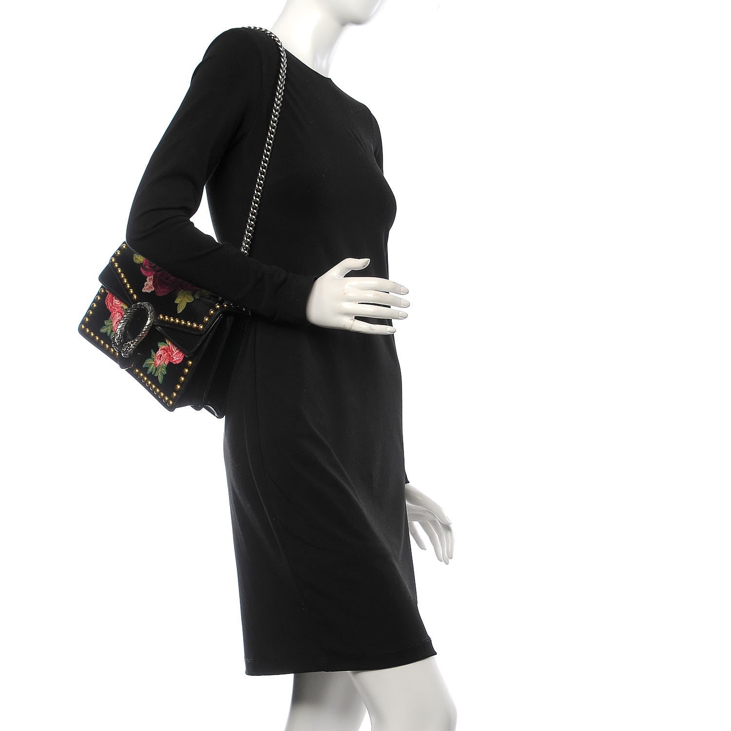 Gucci Calfskin Floral Embroidered Studded Small Dionysus Shoulder Bag Black 3 of 16