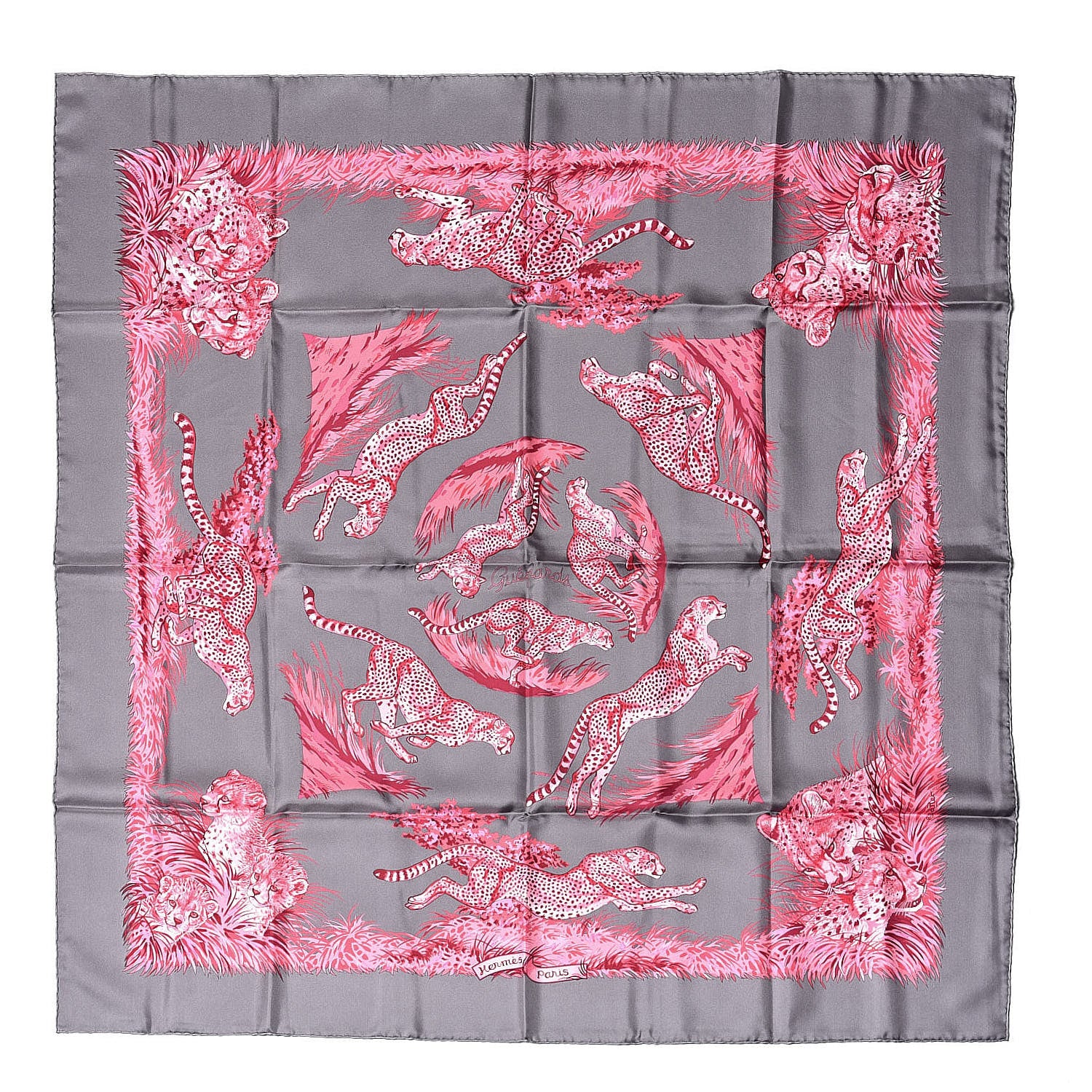 Hermes Silk Guepards Scarf 90 Taupe Framboise Cassis 1 of 4