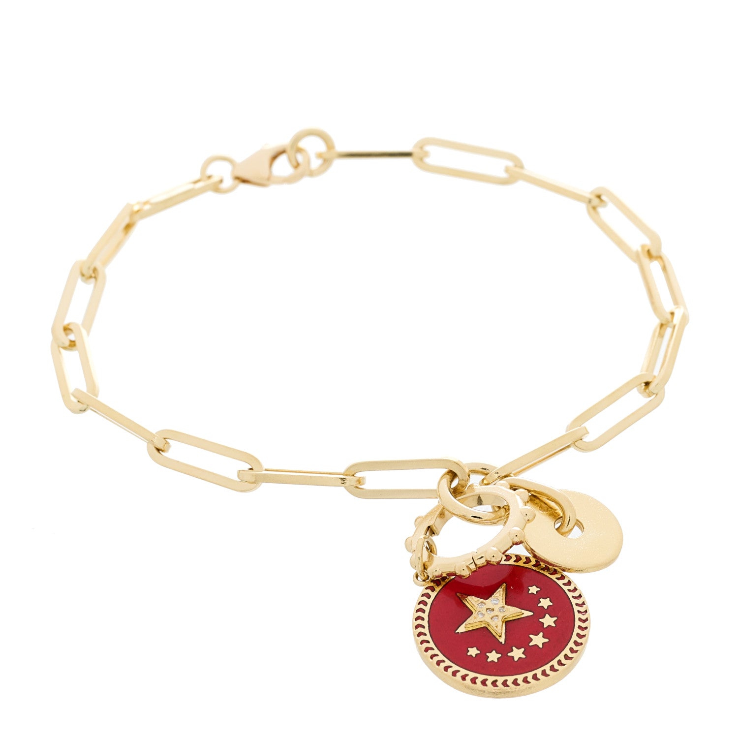 Foundrae 18K Yellow Gold Diamond Enamel Strength Medallion Link Bracelet Red 1 of 5