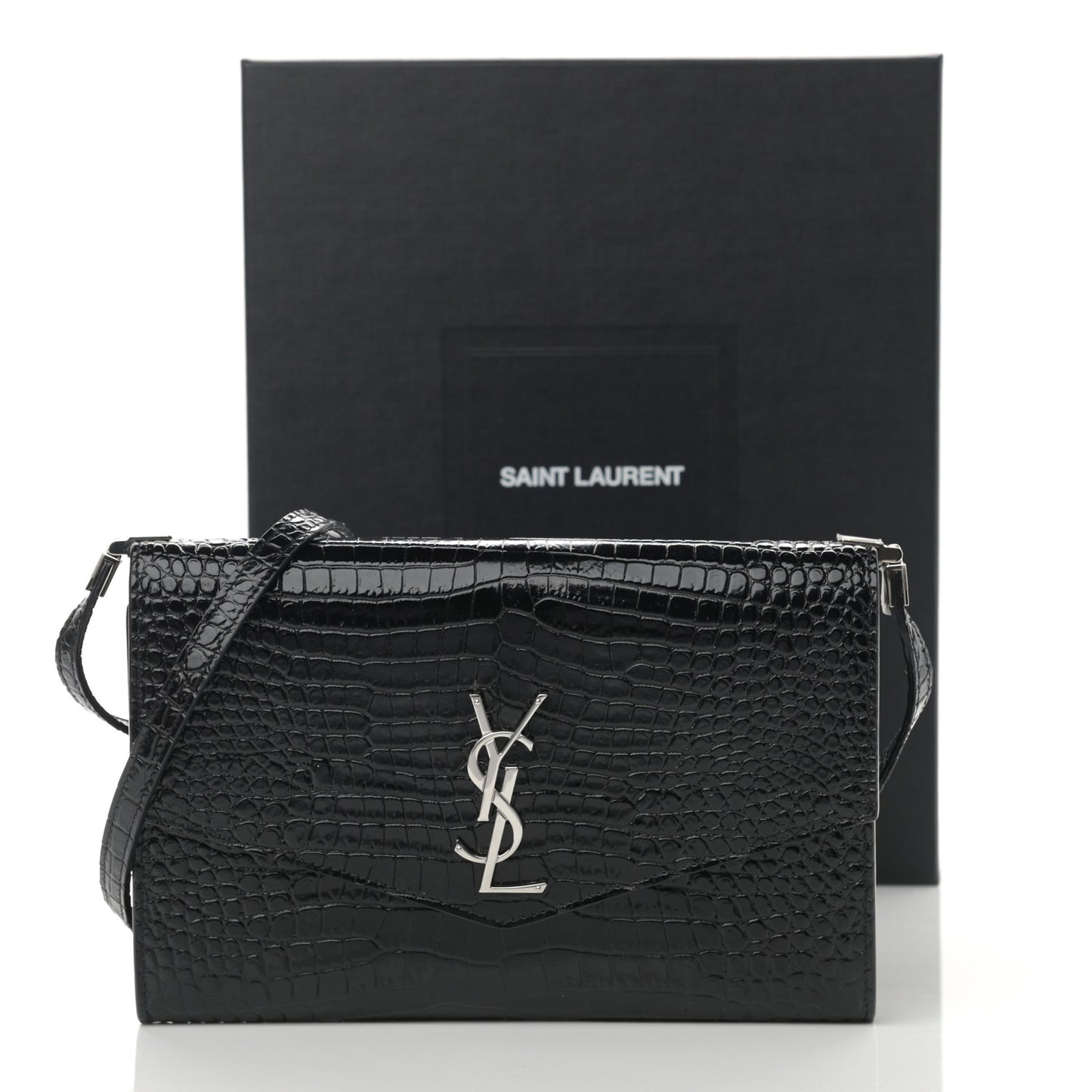 Calfskin Crocodile Embossed Monogram Mini Uptown Crossbody Black