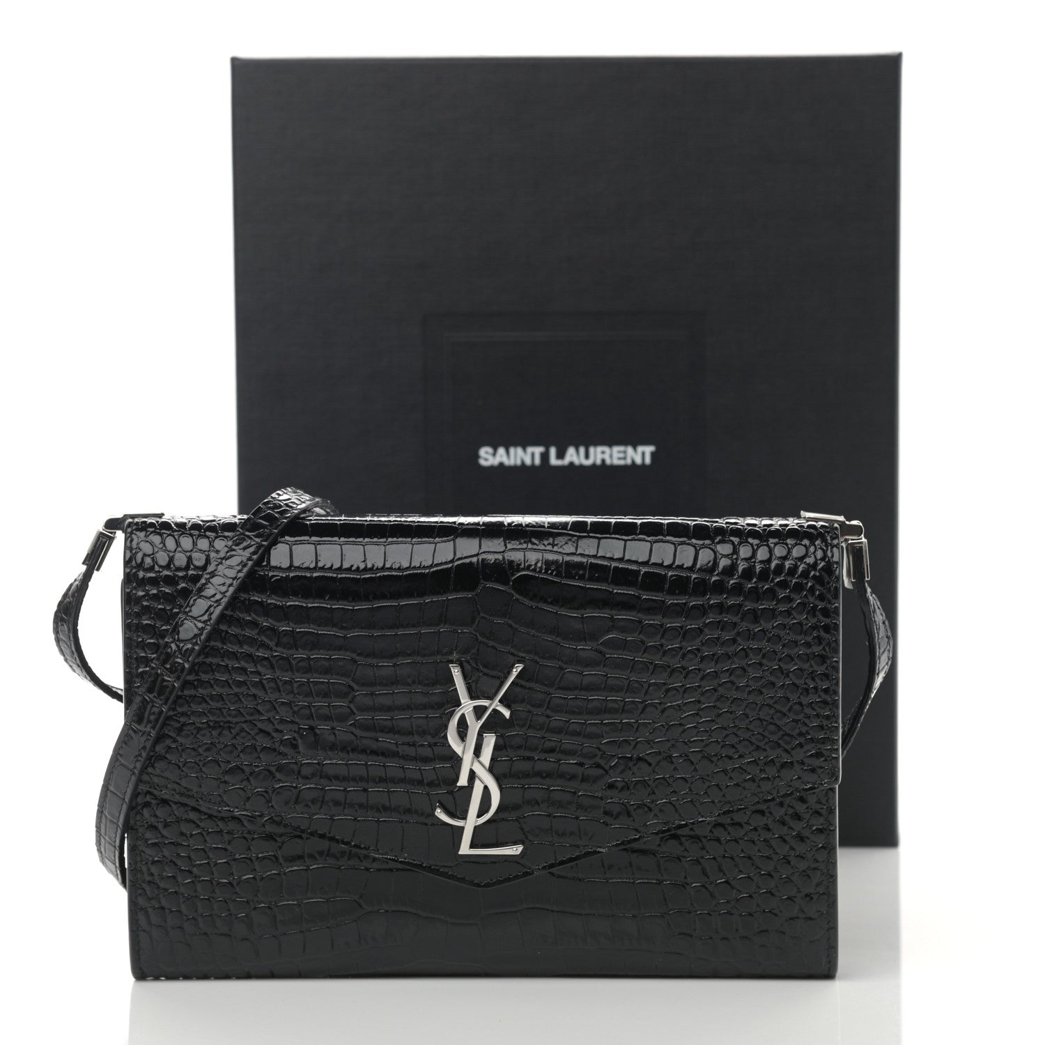 Saint Laurent Calfskin Crocodile Embossed Monogram Mini Uptown Crossbody Black 14 of 14