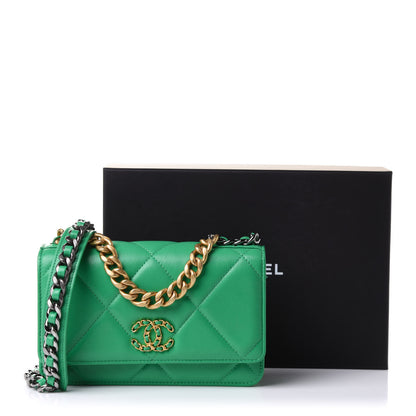 Chanel Shiny Lambskin Quilted Chanel 19 Wallet On Chain WOC Green 10 of 10
