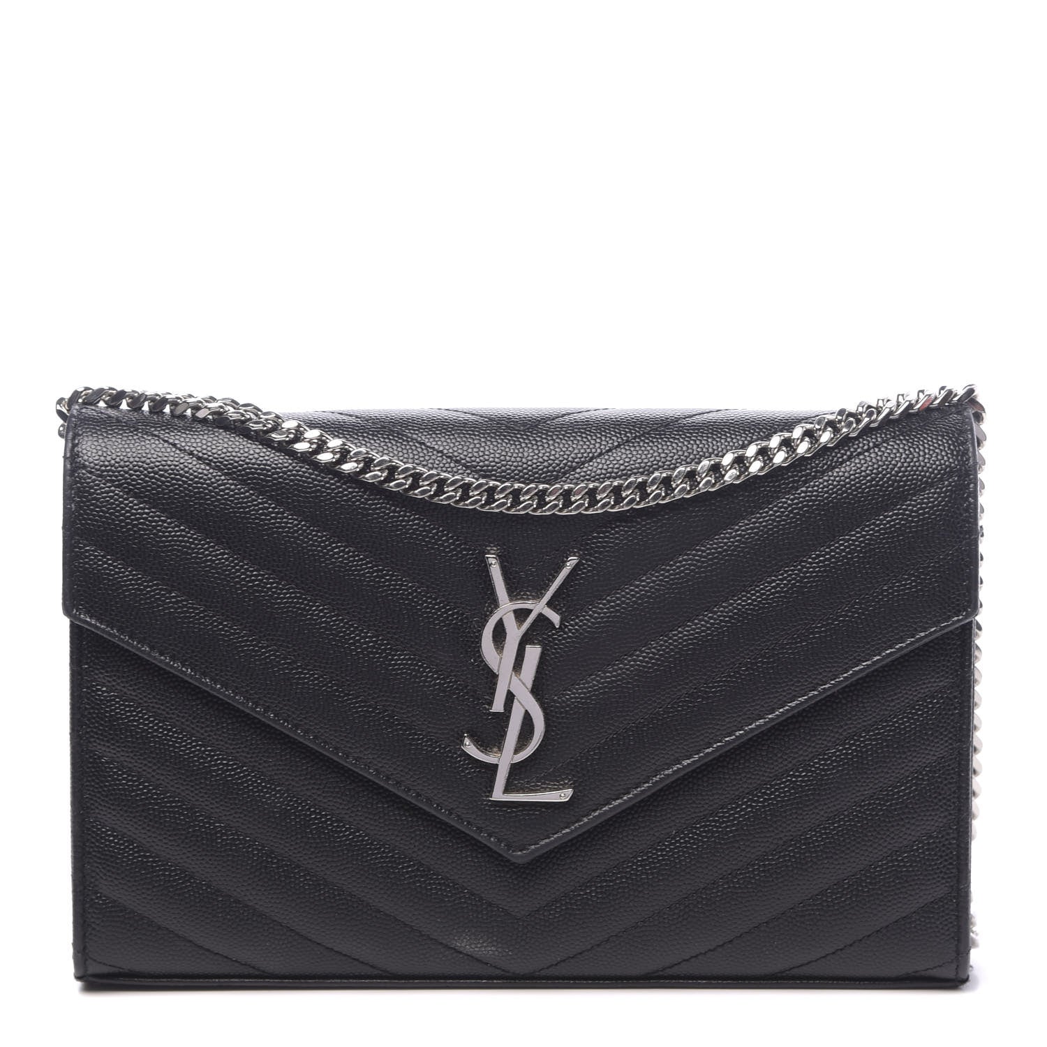 Saint Laurent Grain De Poudre Matelasse Chevron Monogram Chain Wallet Black 1 of 10