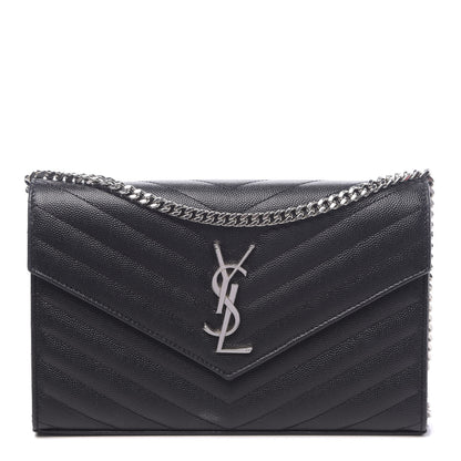 Saint Laurent Grain De Poudre Matelasse Chevron Monogram Chain Wallet Black 1 of 10