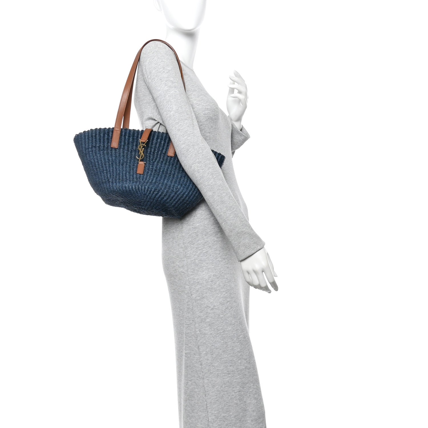 Saint Laurent Raffia Calfskin Medium Panier Tote Blue Orchid Brick 2 of 10
