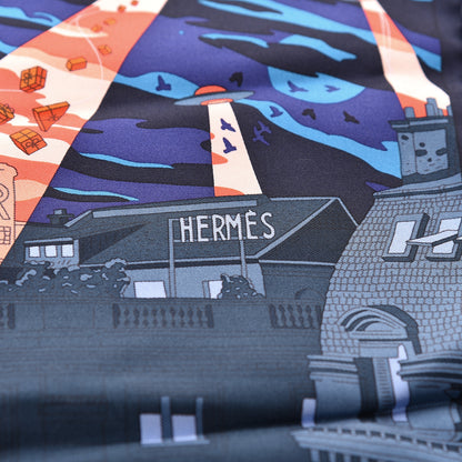 Hermes Silk Space Shopping Au Faubourg Pocket Square Marine Orange Violet 3 of 6