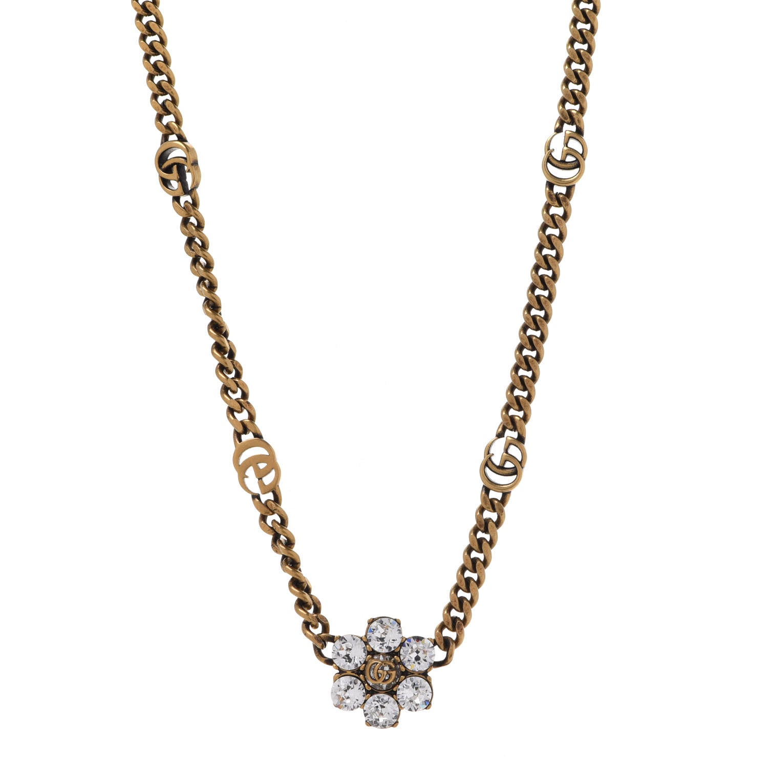 Gucci Crystal Embellished Double G Necklace Aged Gold 1 of 9