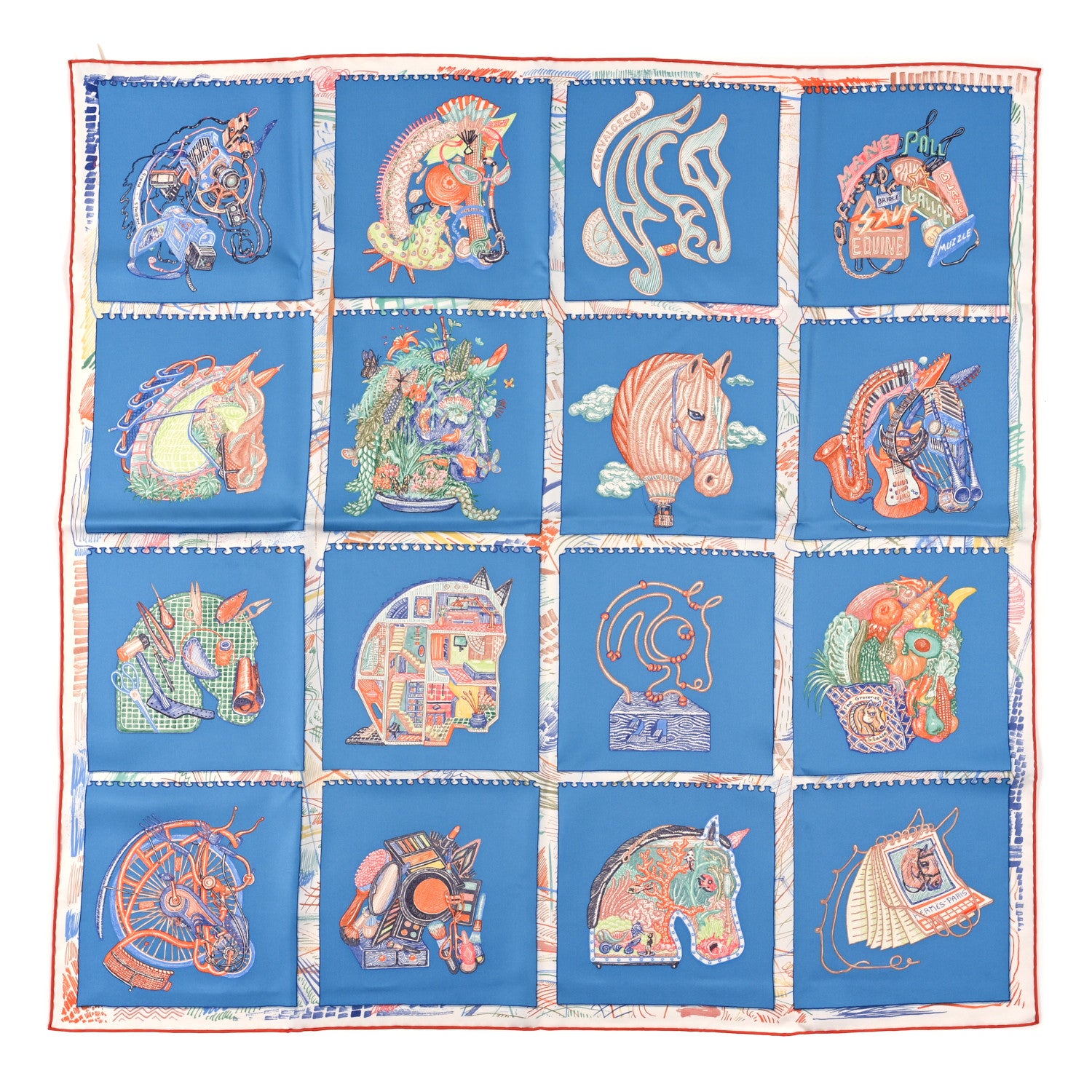 Hermes Silk Chevaloscope Scarf 90 Bleu Orange Multicolor 1 of 3