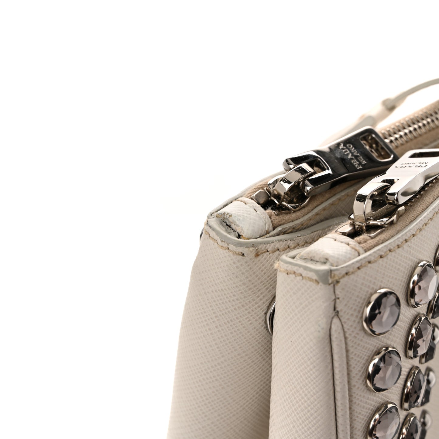 Saffiano Lux Studded Crystal Medium Galleria Double Zip Tote Talco