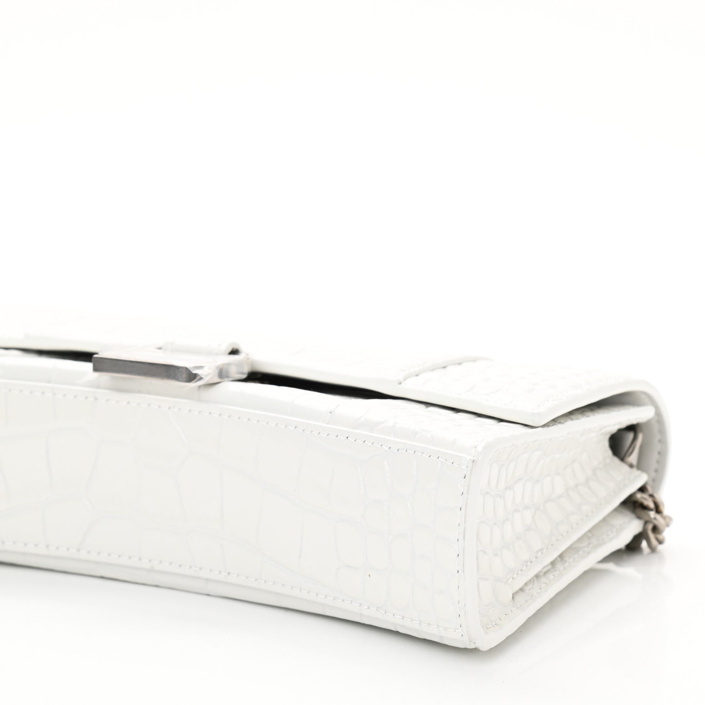Shiny Calfskin Crocodile Embossed Small Hourglass Evening Chain Bag White