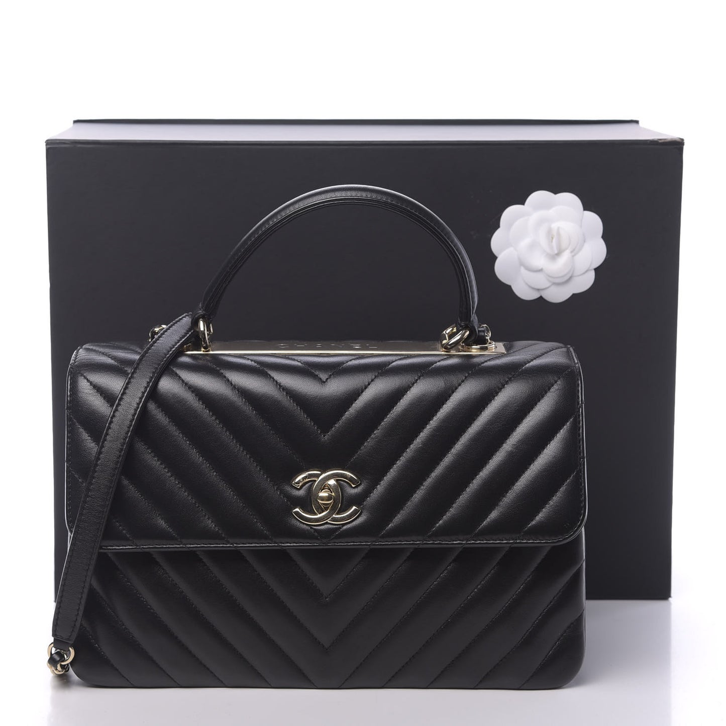 Lambskin Chevron Quilted Medium Trendy CC Dual Handle Flap Bag Black