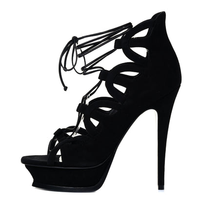Saint Laurent Kid Scamosciato Tribute 105 Lace Up Platform Sandals 39 Black 1 of 5