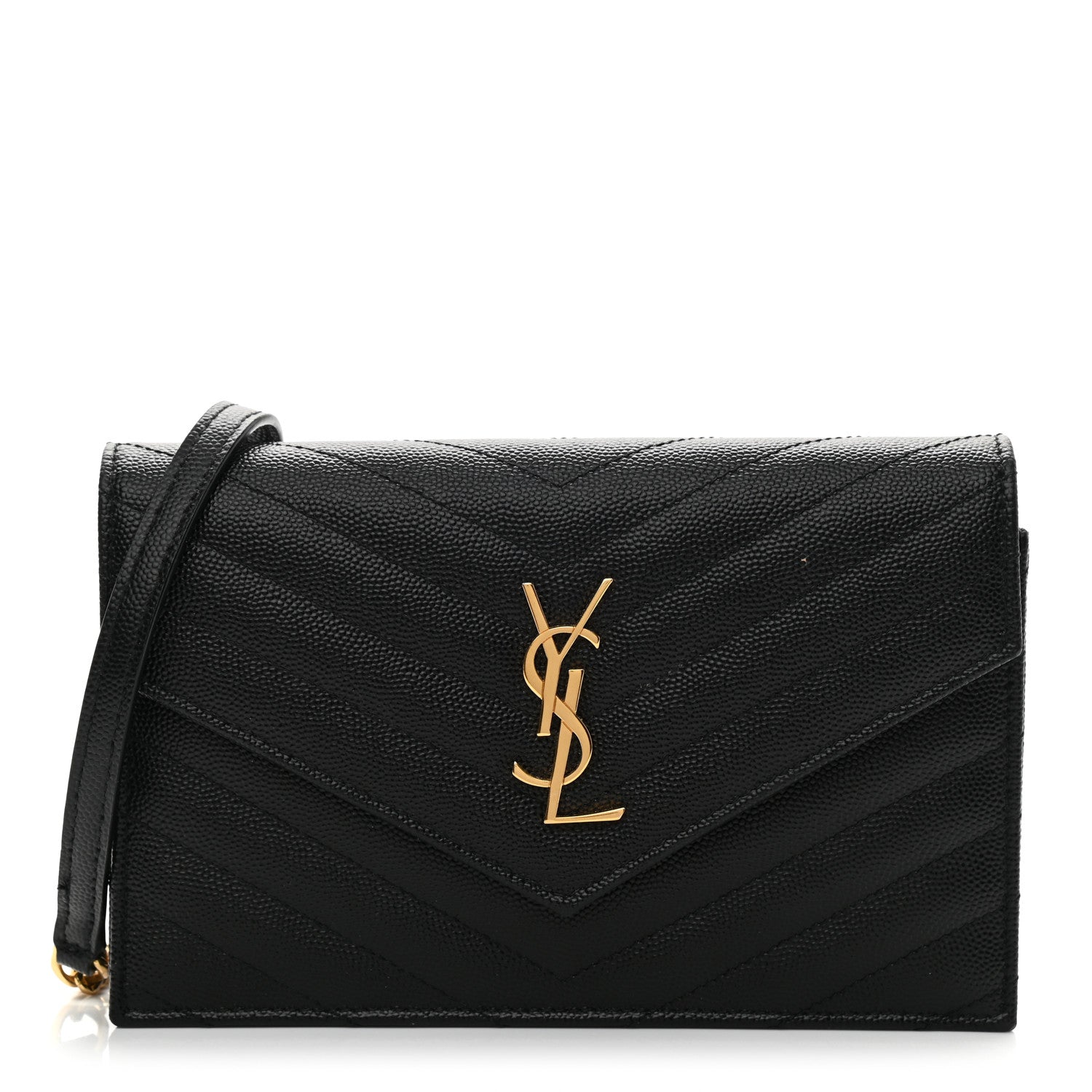 Saint Laurent Grain De Poudre Matelasse Chevron Monogram Envelope Chain Wallet Black 1 of 9