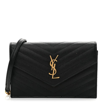 Saint Laurent Grain De Poudre Matelasse Chevron Monogram Envelope Chain Wallet Black 1 of 9