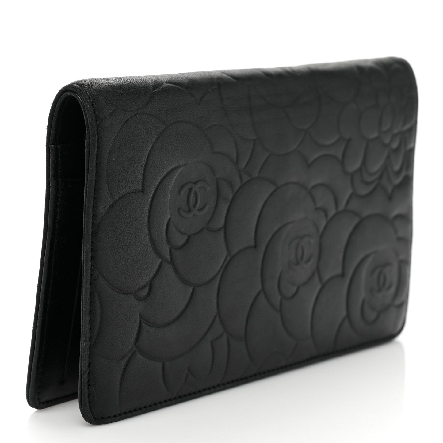 Lambskin Camellia Embossed Yen Wallet Black