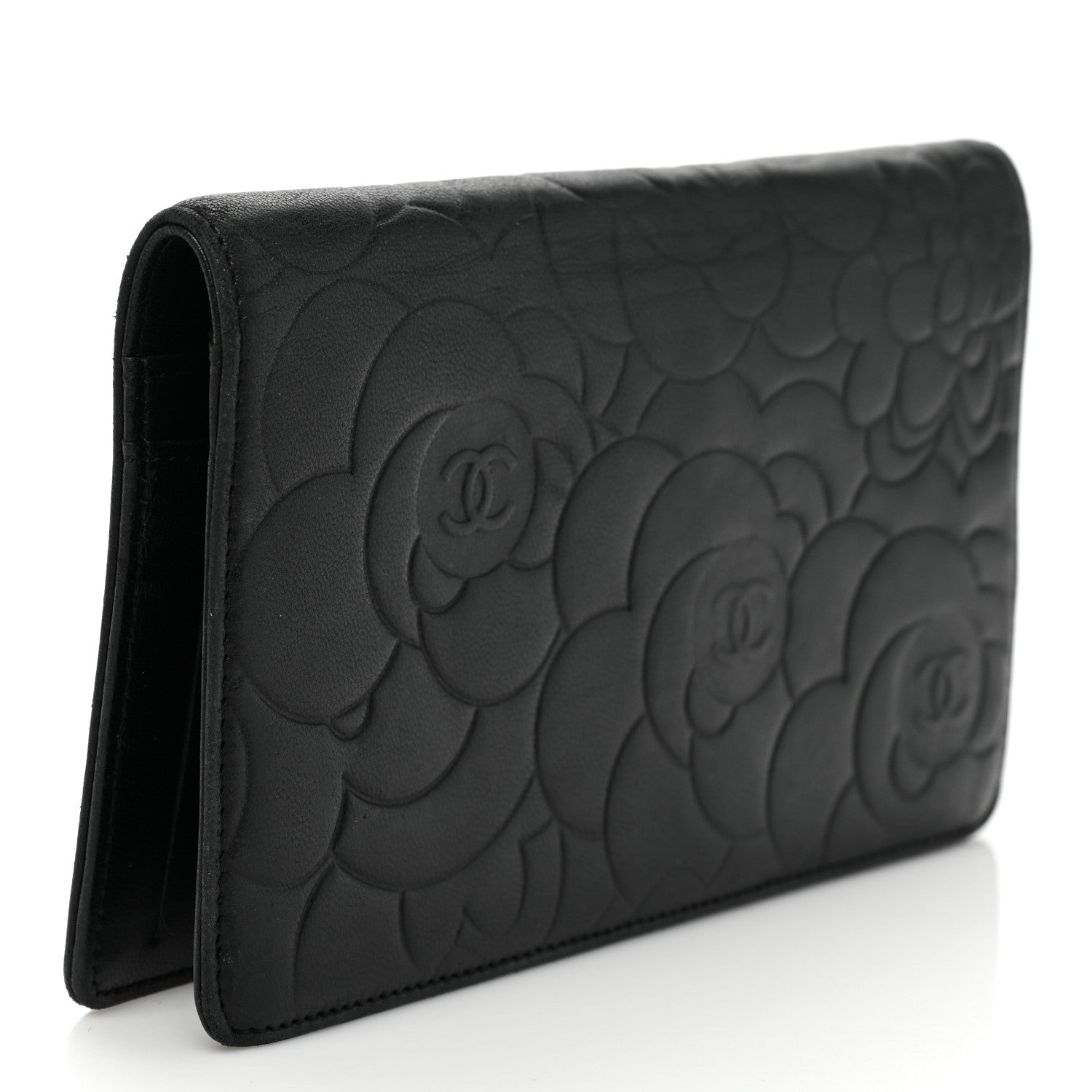 Chanel Lambskin Camellia Embossed Yen Wallet Black 3 of 9