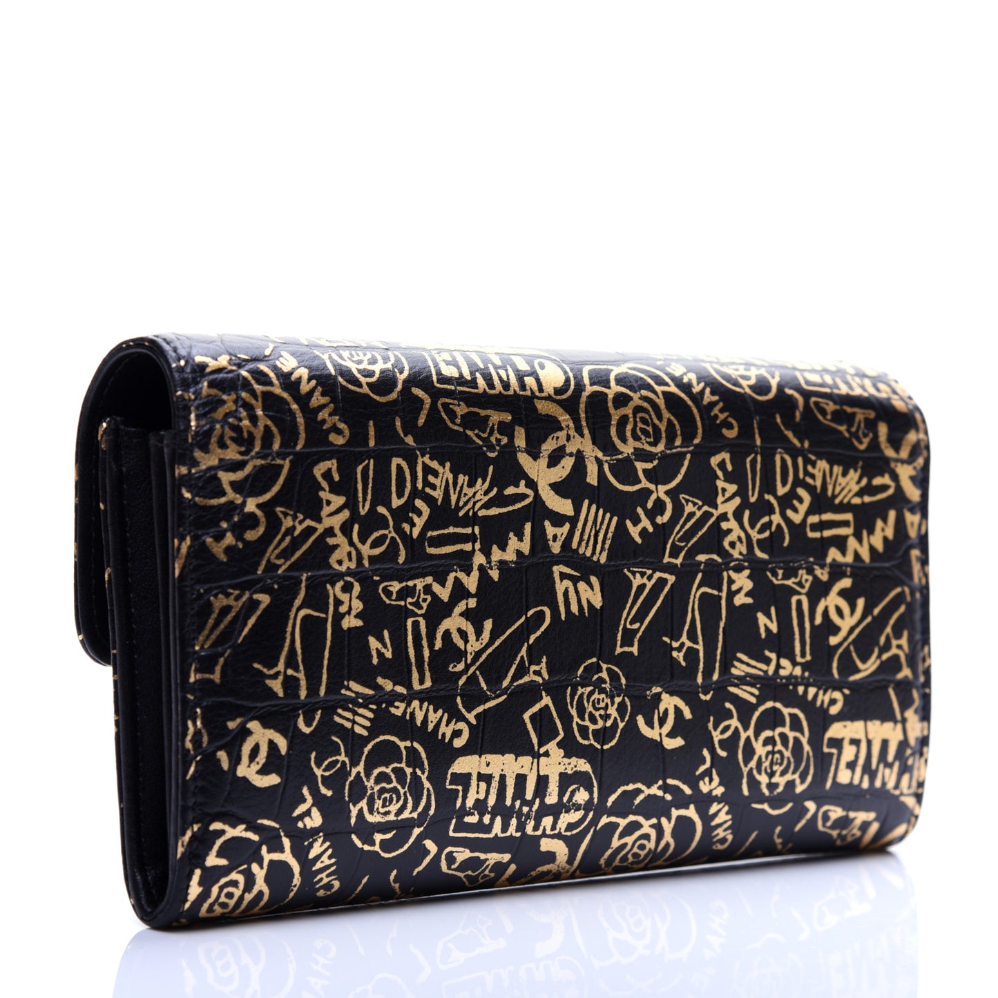 Calfskin Crocodile Embossed Graffiti 2.55 Cocodile Reissue Long Flap Black Gold