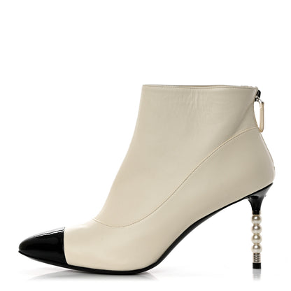 Chanel Lambskin Patent Calfskin Pearl Cap Toe Short Boots 42 Ivory Black 1 of 9