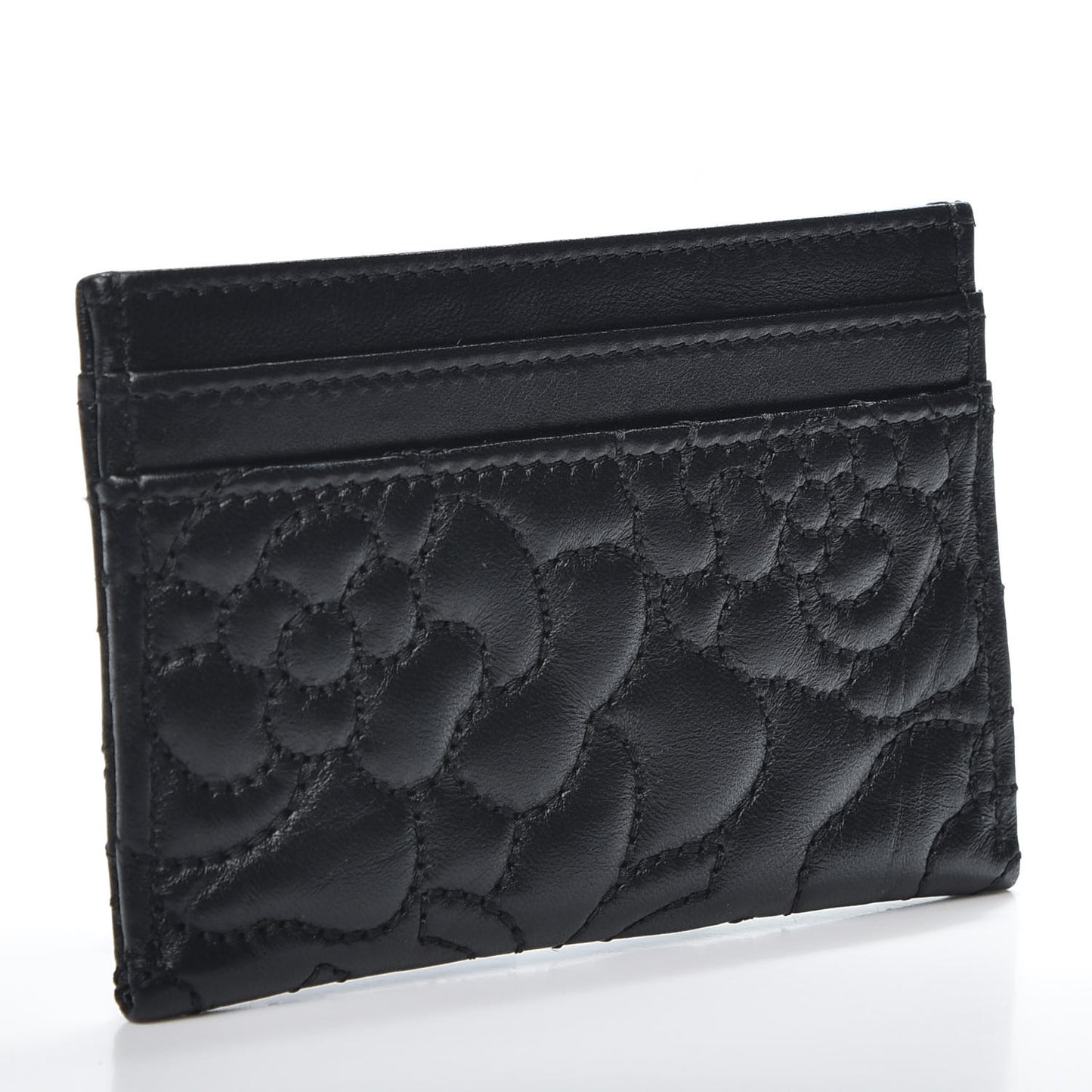 Lambskin Camellia Embossed Card Holder Black