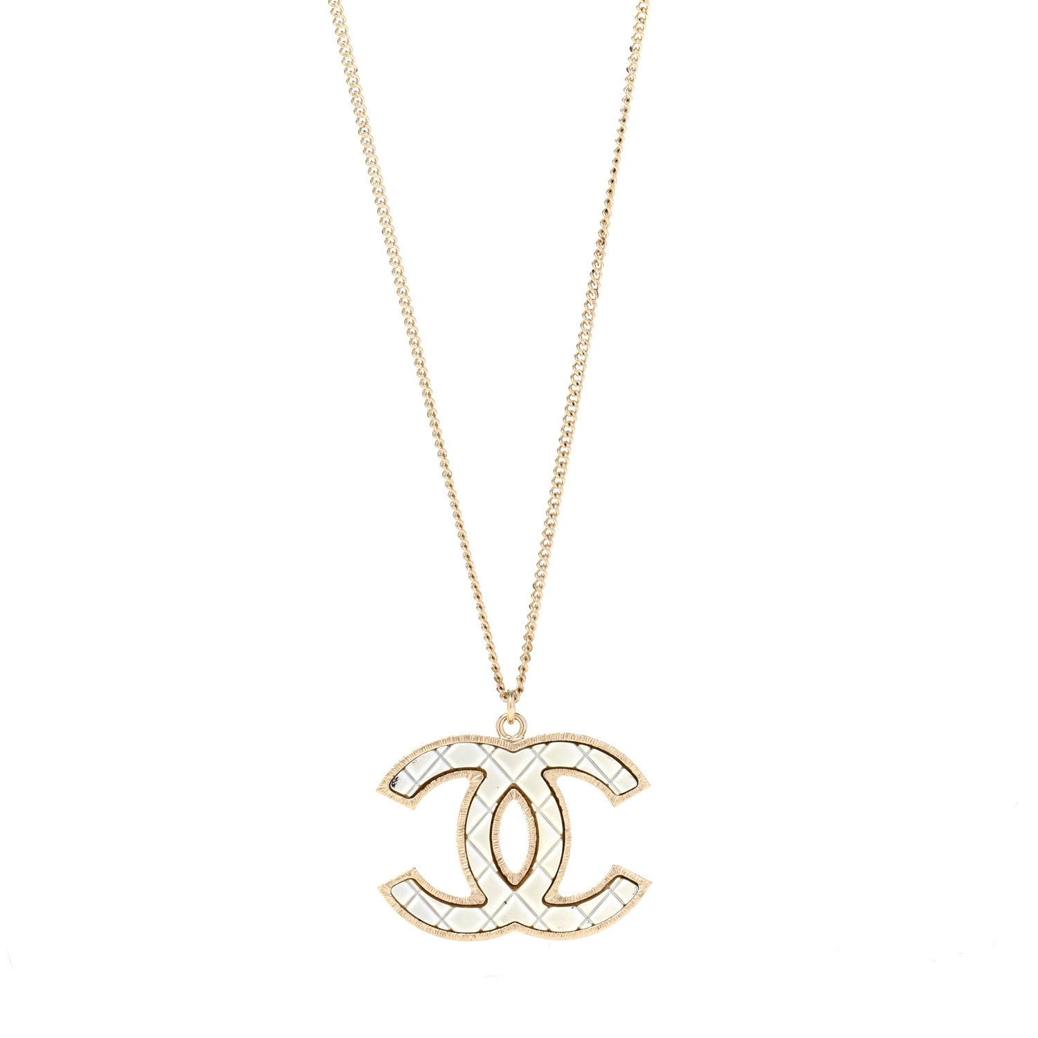 Chanel Metal Quilted CC Pendant Necklace Gold White 1 of 5
