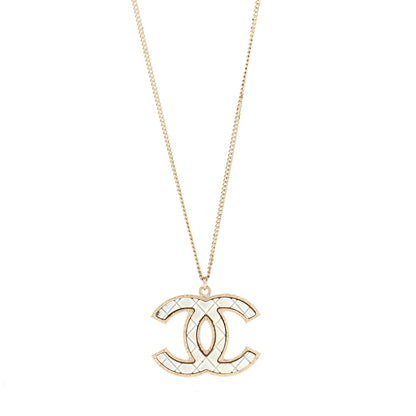 Chanel Metal Quilted CC Pendant Necklace Gold White 1 of 5