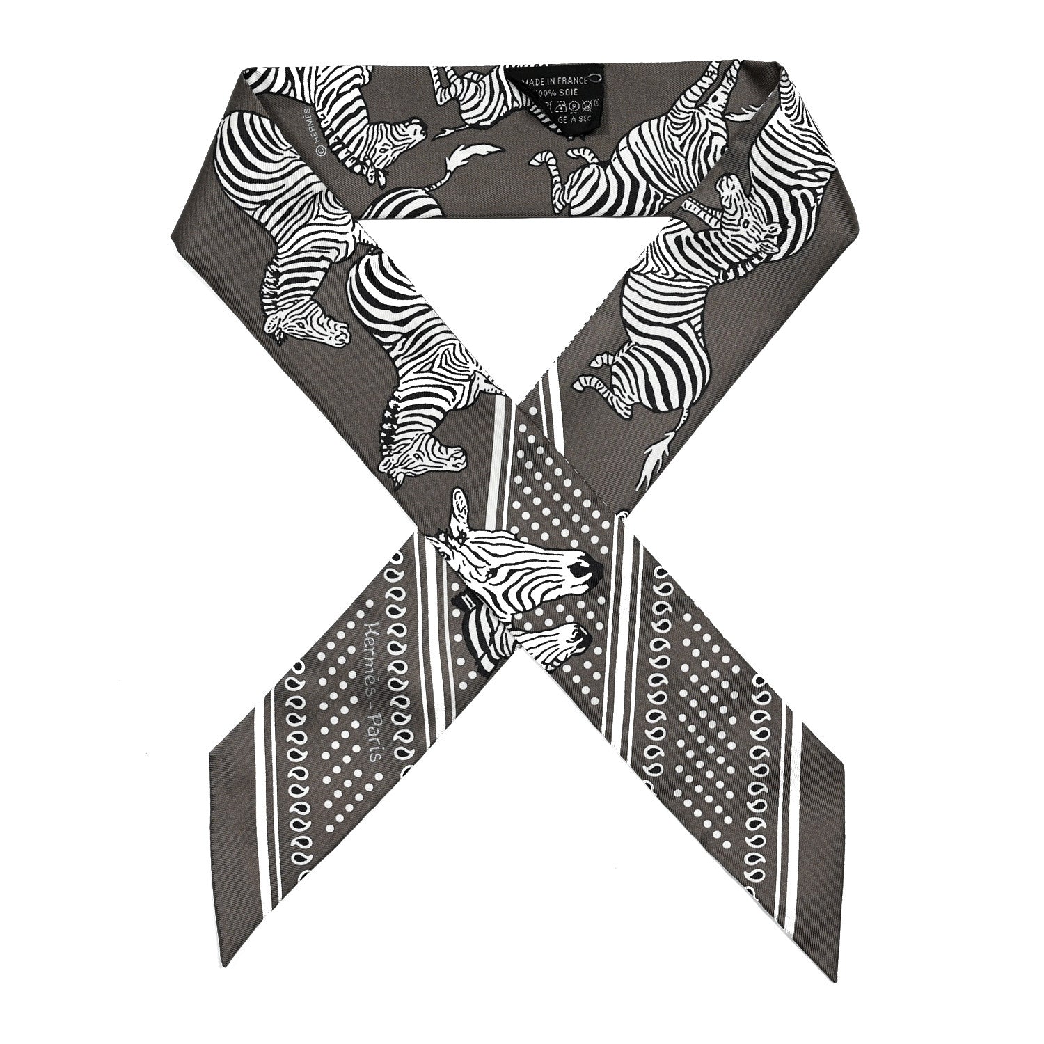 Hermes Silk Les Zebres Twilly Gris Taupe Black White 1 of 4