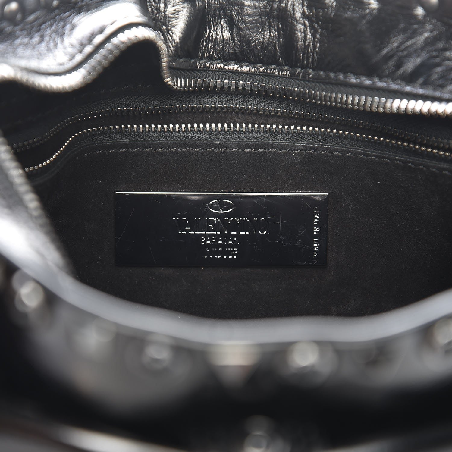 Valentino Garavani Craquele Calfskin Small Guitar Strap Rockstud Rolling Flap Pocket Shoulder Bag Black 7 of 9