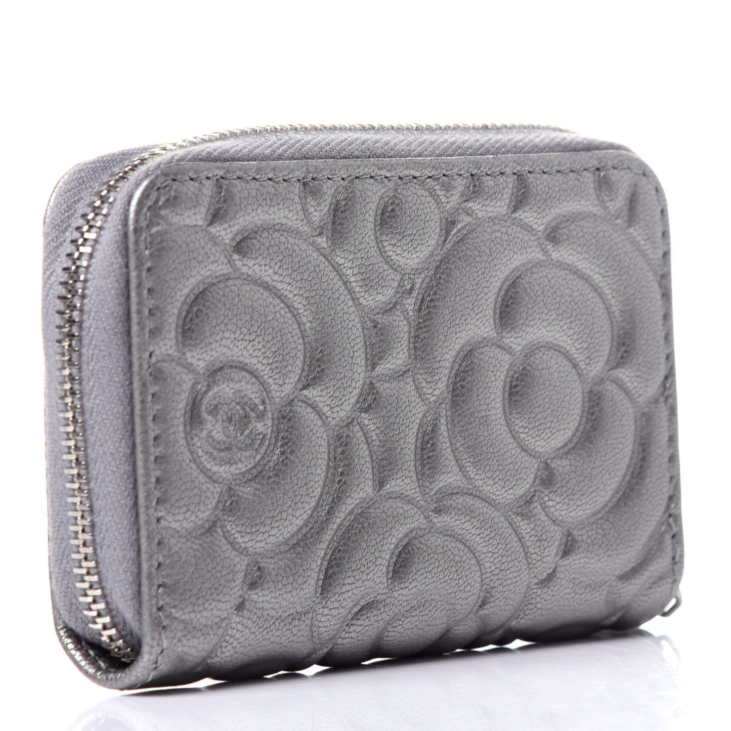 Goatskin Camellia Embossed Zip Coin Purse Silver