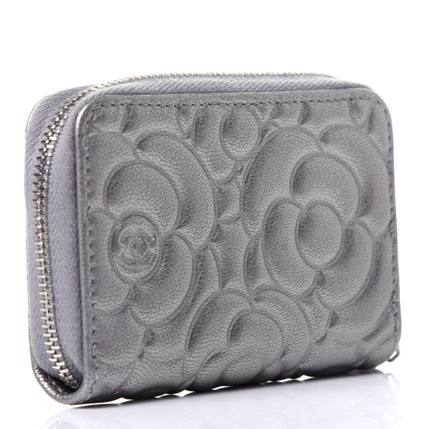 Chanel Goatskin Camellia Embossed Zip Coin Purse Silver 6 of 20