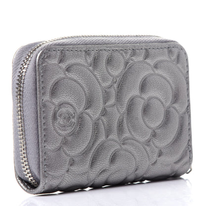 Chanel Goatskin Camellia Embossed Zip Coin Purse Silver 6 of 20
