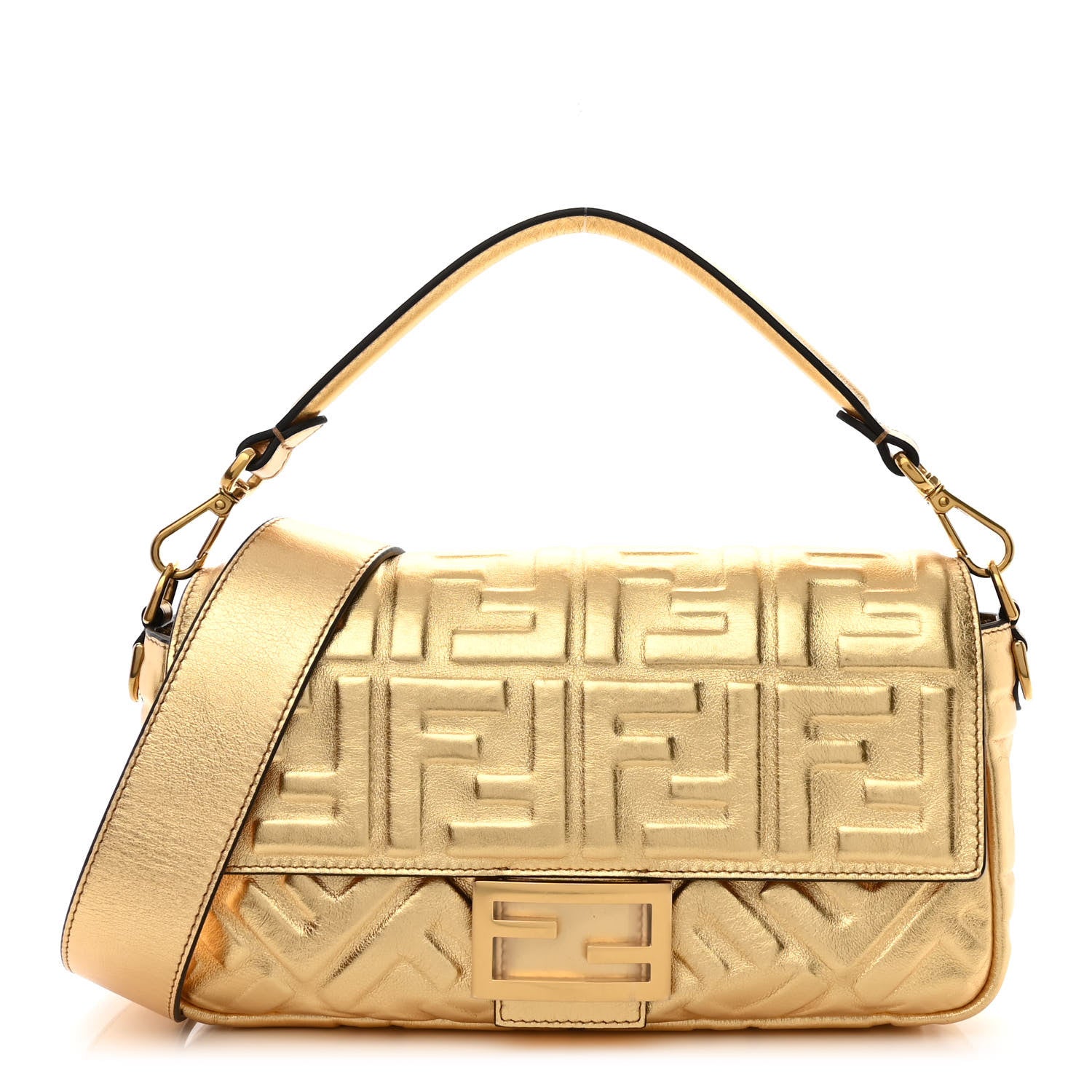 Fendi Vitello Catalan Mirror FF 1974 Embossed Baguette Gold 1 of 10