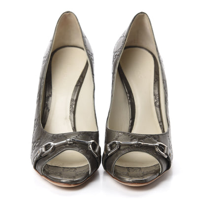 Gucci Guccissima Horsebit Peep Toe Heels 38 Dark Grey 2 of 10