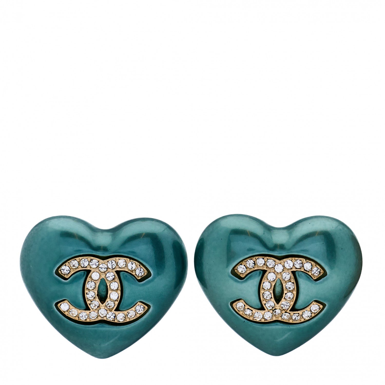 Chanel Pearl Crystal CC Heart Earrings Blue Gold 1 of 5