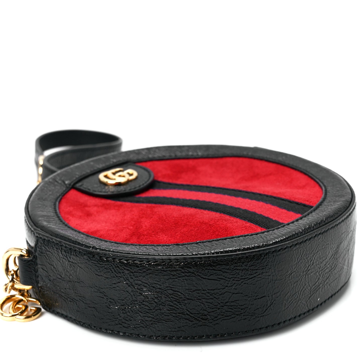 Suede Patent Web Mini Ophidia Round Shoulder Bag Hibiscus Red Black