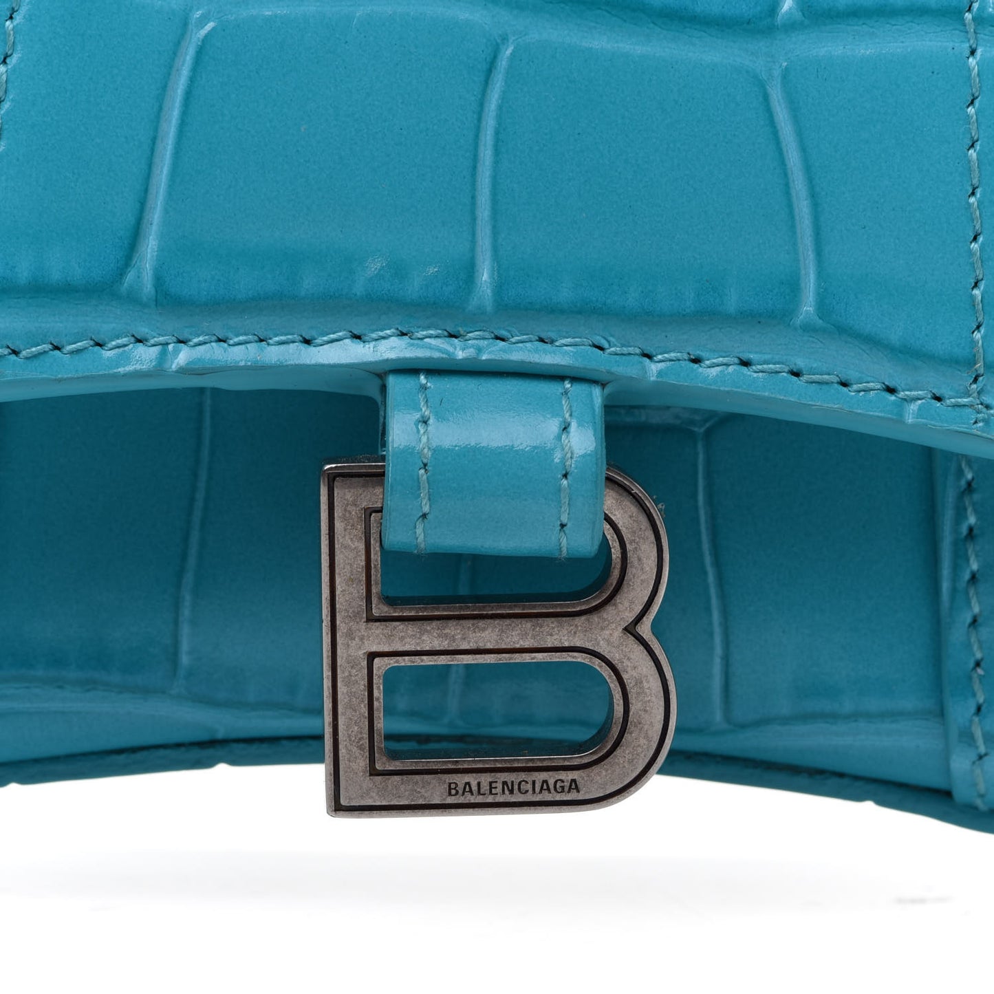 Shiny Calfskin Crocodile Embossed Hourglass Top Handle Bag Mini Turquoise