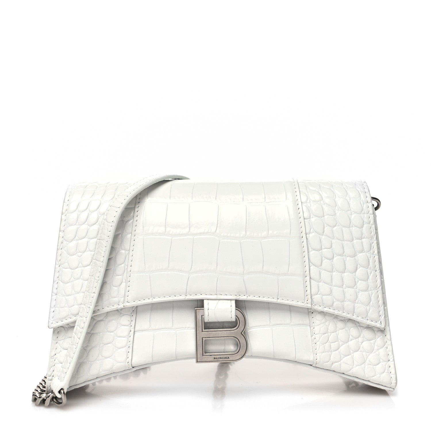 Balenciaga Shiny Calfskin Crocodile Embossed Small Hourglass Evening Chain Bag White 1 of 11