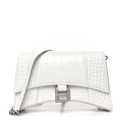 Balenciaga Shiny Calfskin Crocodile Embossed Small Hourglass Evening Chain Bag White 1 of 11