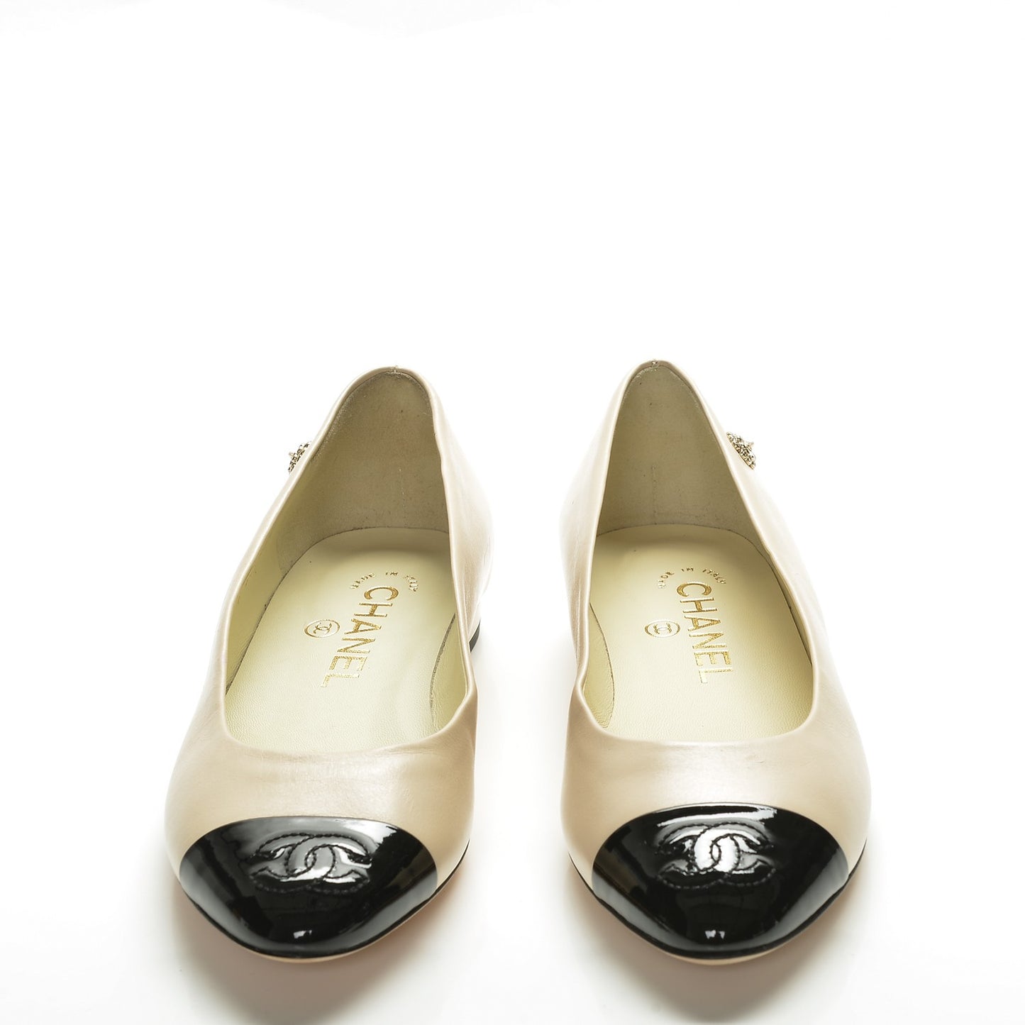 Lambskin Patent Cap Toe Ballerina Flats 35 Beige Black